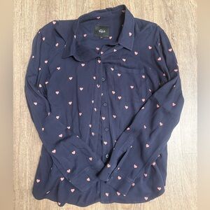 Rails Heart Print Button Up Blouse M Navy Pink Hearts Long Sleeve Rayon Blend